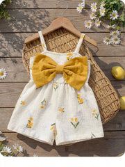 Girls Floral Print Bow-Front Cami Romper - Ivory