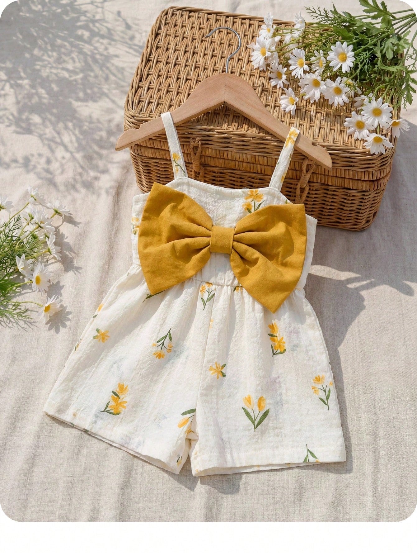 Girls Floral Print Bow-Front Cami Romper - Ivory