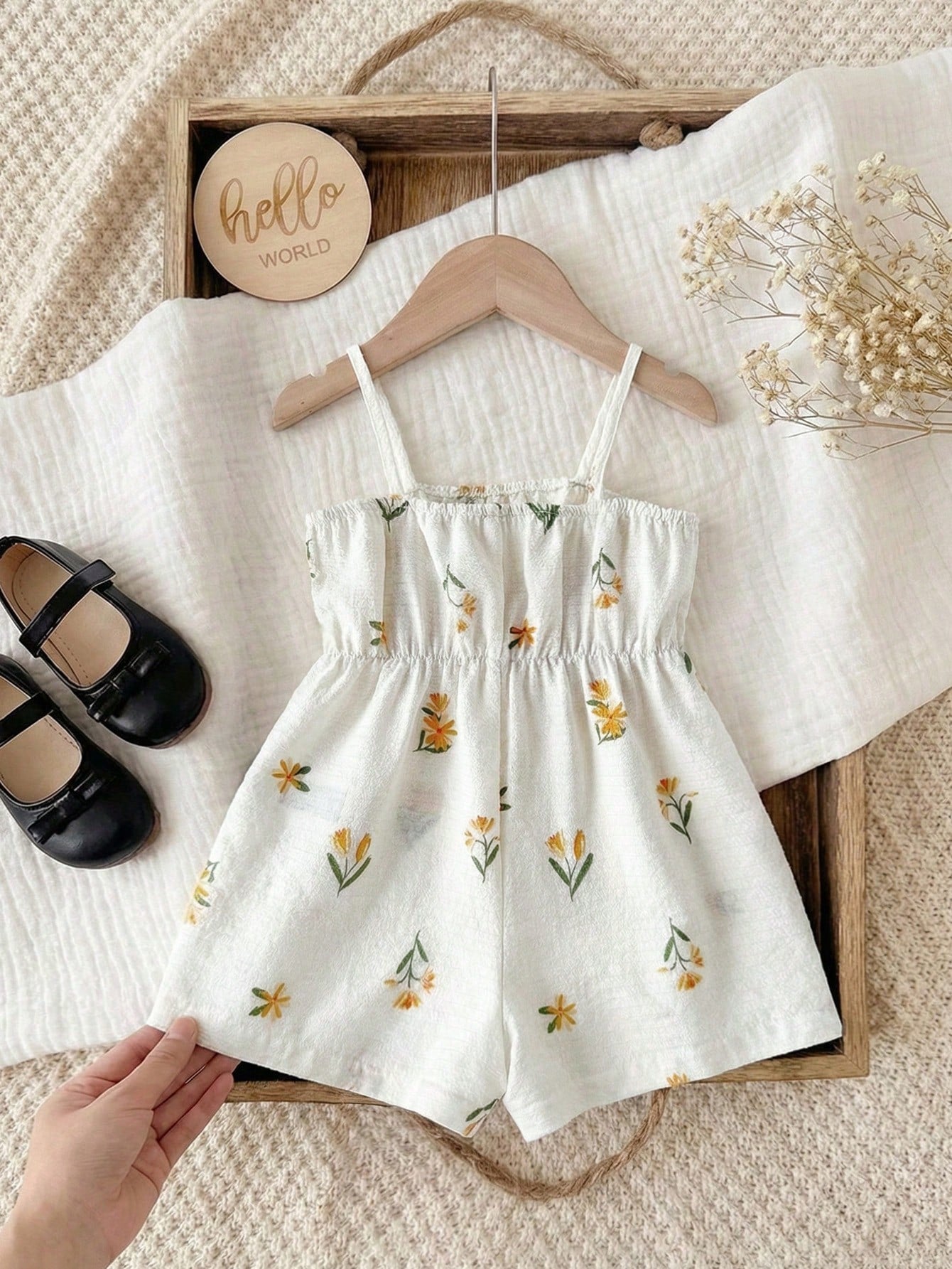 Girls Floral Print Bow-Front Cami Romper - Ivory