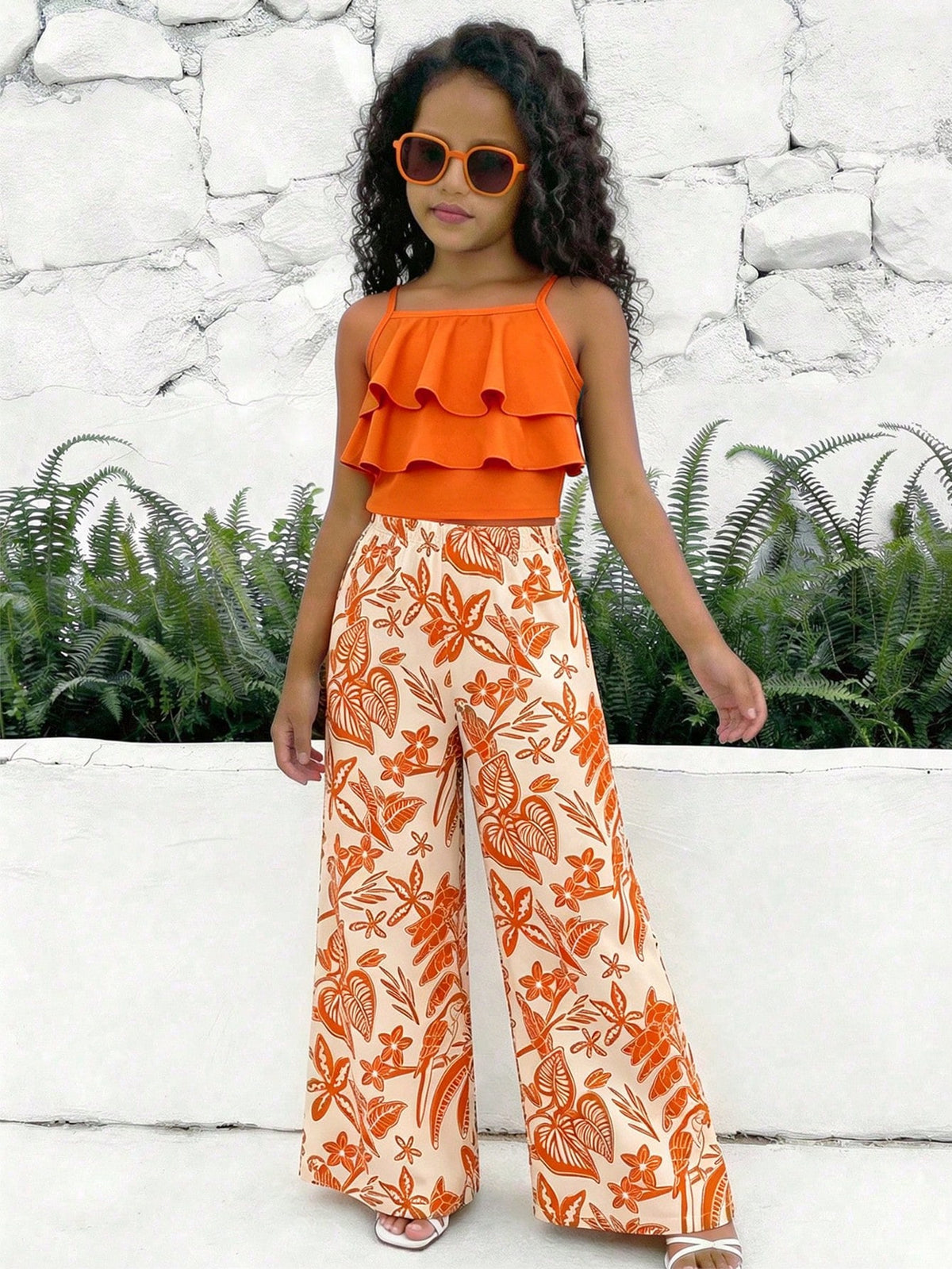 Big Girls Ruffle Cami & Tropical Print Wide-Leg Pants - Isabelline ...