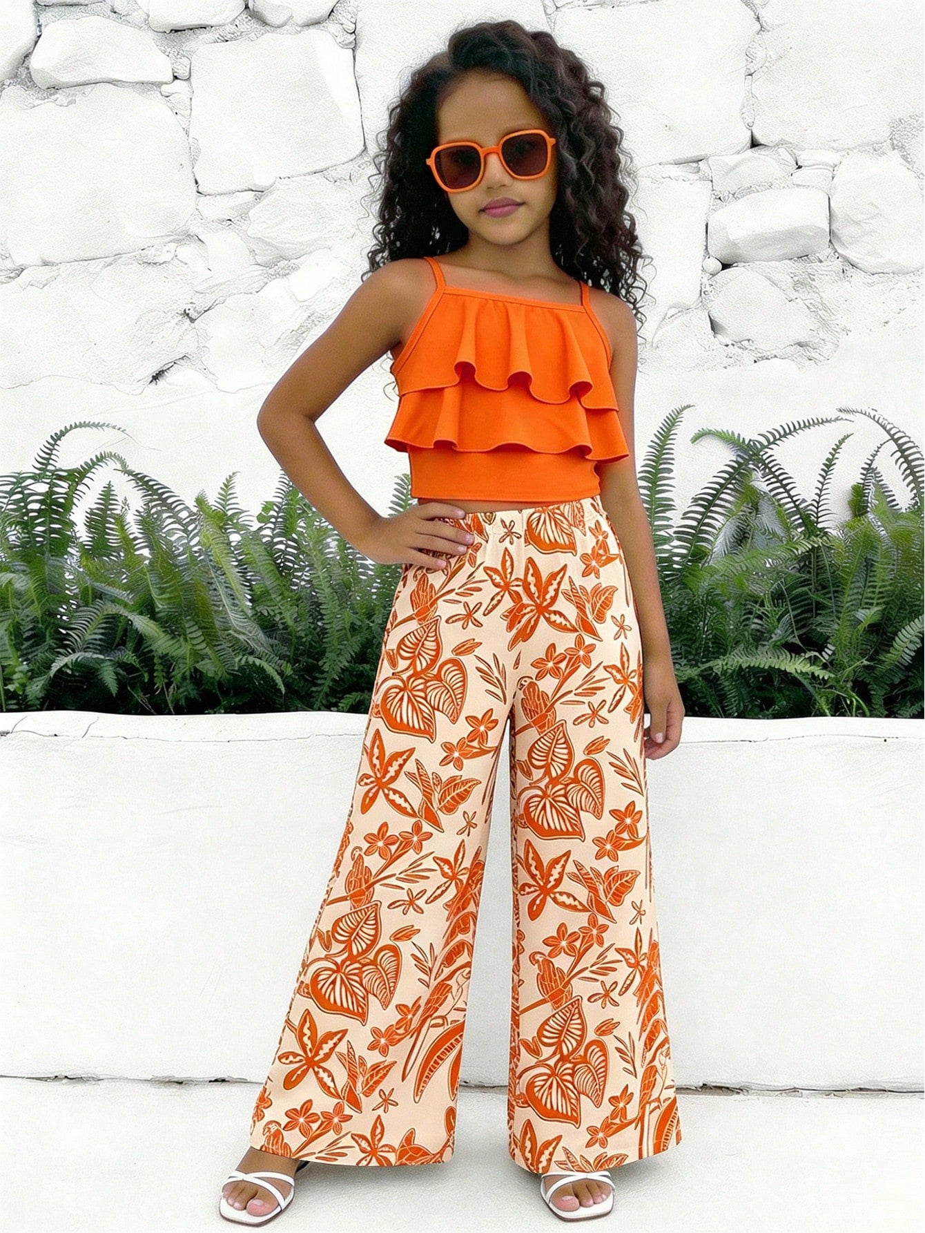 Big Girls Ruffle Cami & Tropical Print Wide-Leg Pants - Isabelline ...