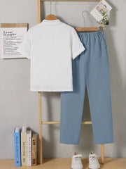 2pcs Boys Textured Striped Shirt & Pants Set - Haze Blue