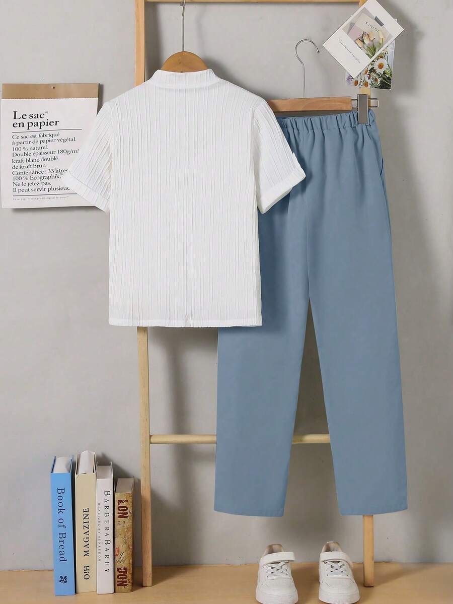 2pcs Boys Textured Striped Shirt & Pants Set - Haze Blue