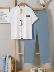 2pcs Boys Textured Striped Shirt & Pants Set - Haze Blue