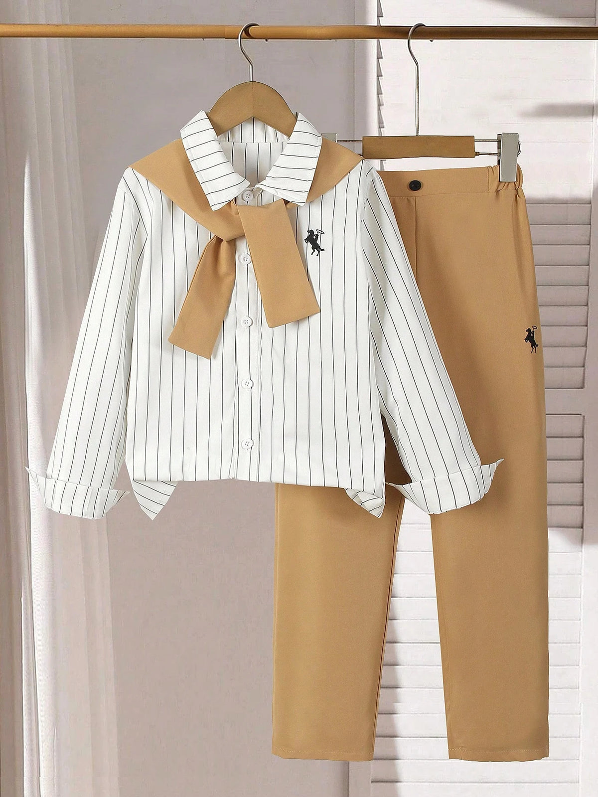 3pcs Big Boys Striped Shirt, Pants & Shawl Set - Ivory & Black