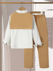 3pcs Big Boys Striped Shirt, Pants & Shawl Set - Ivory & Black