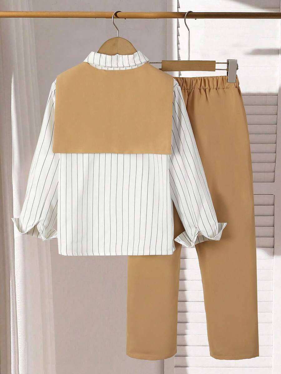3pcs Big Boys Striped Shirt, Pants & Shawl Set - Ivory & Black