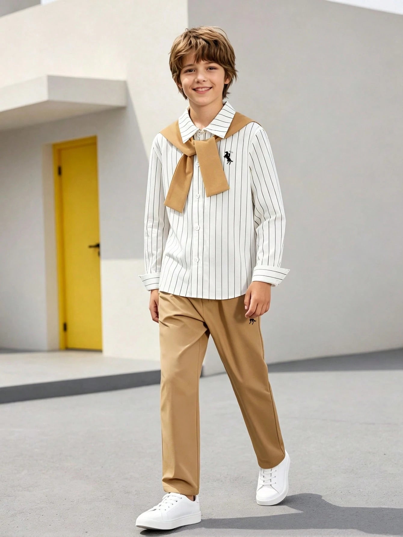 3pcs Big Boys Striped Shirt, Pants & Shawl Set - Ivory & Black