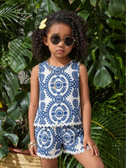 2pcs Girls Majolica Print Tank Top & Shorts Set - Ivory