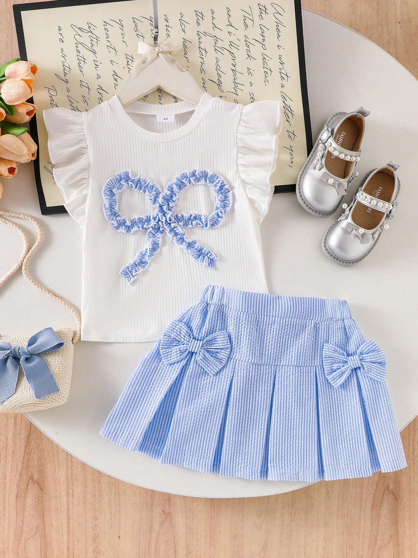 2pcs Little Girls Ruffle Tee & Seersucker Pleated Skirt Set - Ivory...