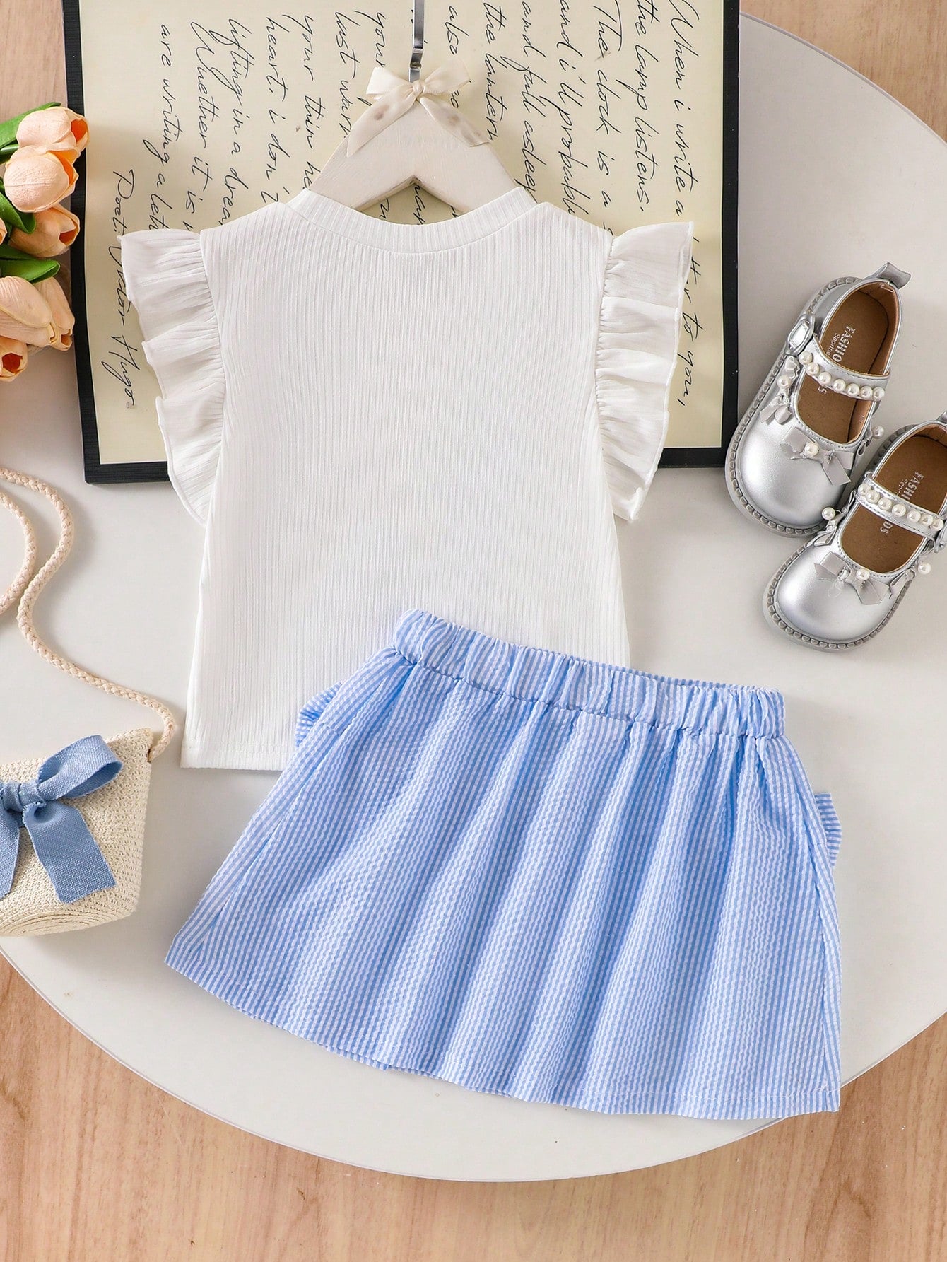 2pcs Little Girls Ruffle Tee & Seersucker Pleated Skirt Set - Ivory...