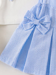 2pcs Little Girls Ruffle Tee & Seersucker Pleated Skirt Set - Ivory...