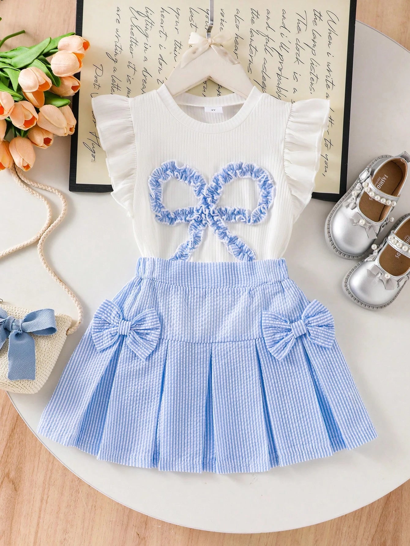 2pcs Little Girls Ruffle Tee & Seersucker Pleated Skirt Set - Ivory...
