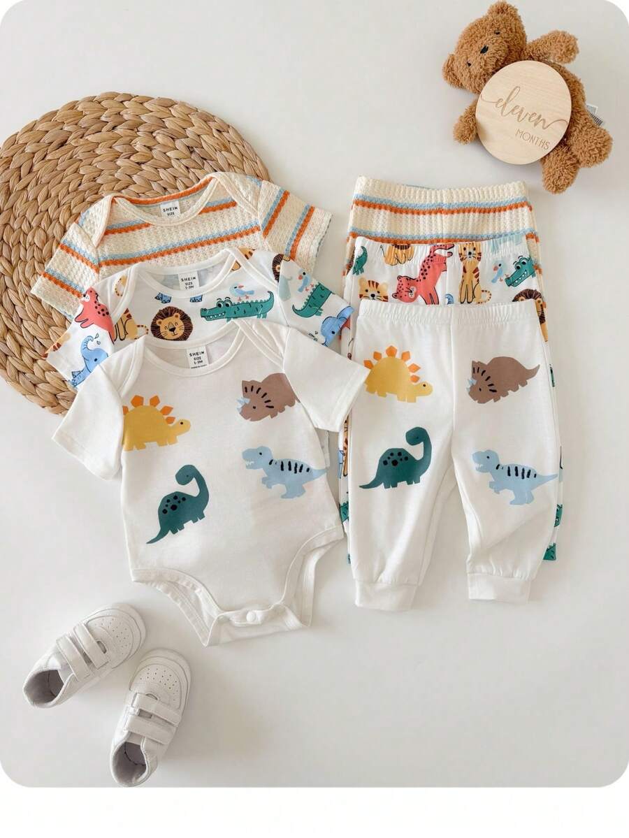 6pcs Baby Boys Dino & Safari Print Bodysuit & Pants Set - Ivory | 2...
