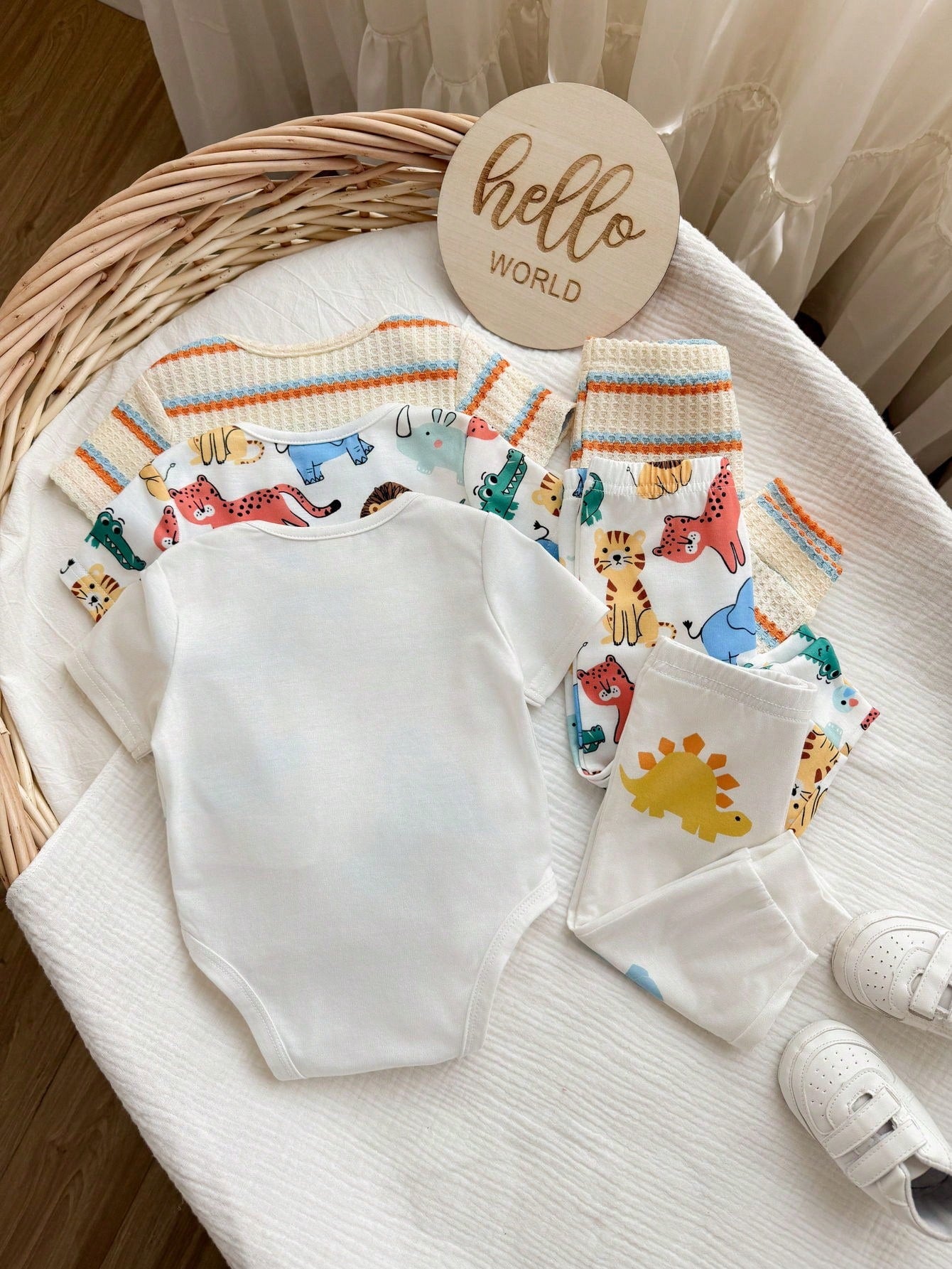 6pcs Baby Boys Dino & Safari Print Bodysuit & Pants Set - Ivory | 2...