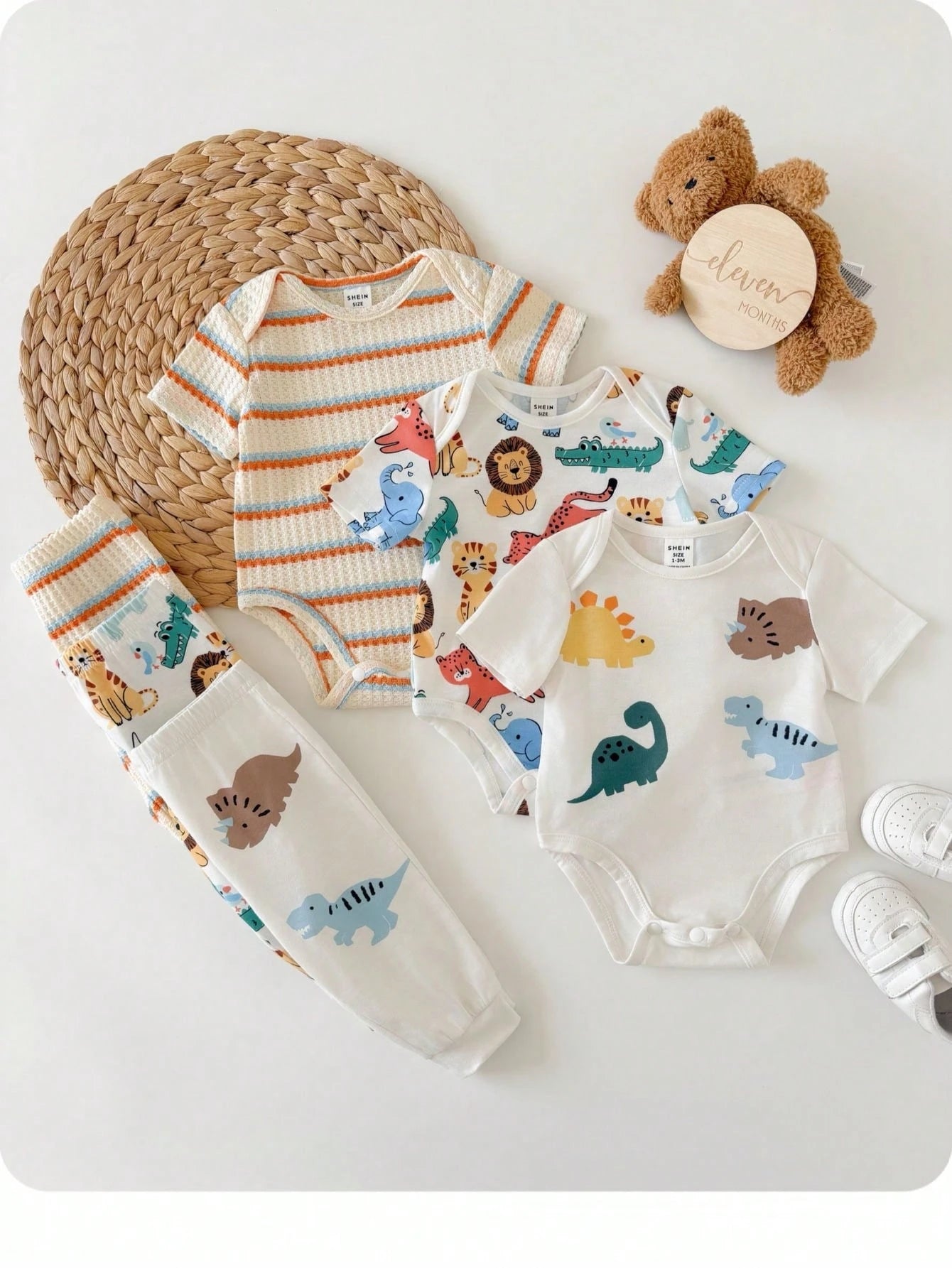 6pcs Baby Boys Dino & Safari Print Bodysuit & Pants Set - Ivory | 2...