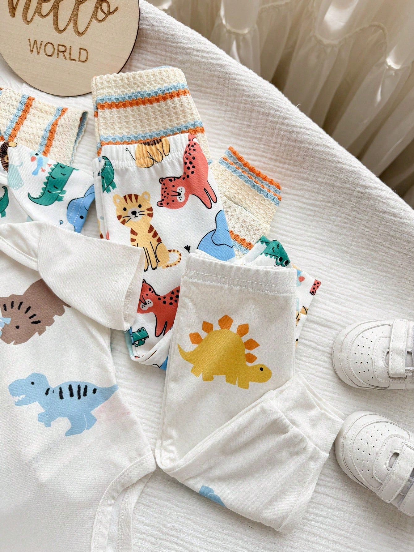 6pcs Baby Boys Dino & Safari Print Bodysuit & Pants Set - Ivory | 2...
