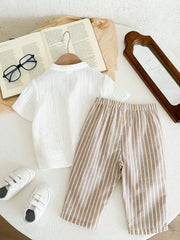 2pcs Boys Mandarin Collar Shirt & Striped Trousers Set - Ivory
