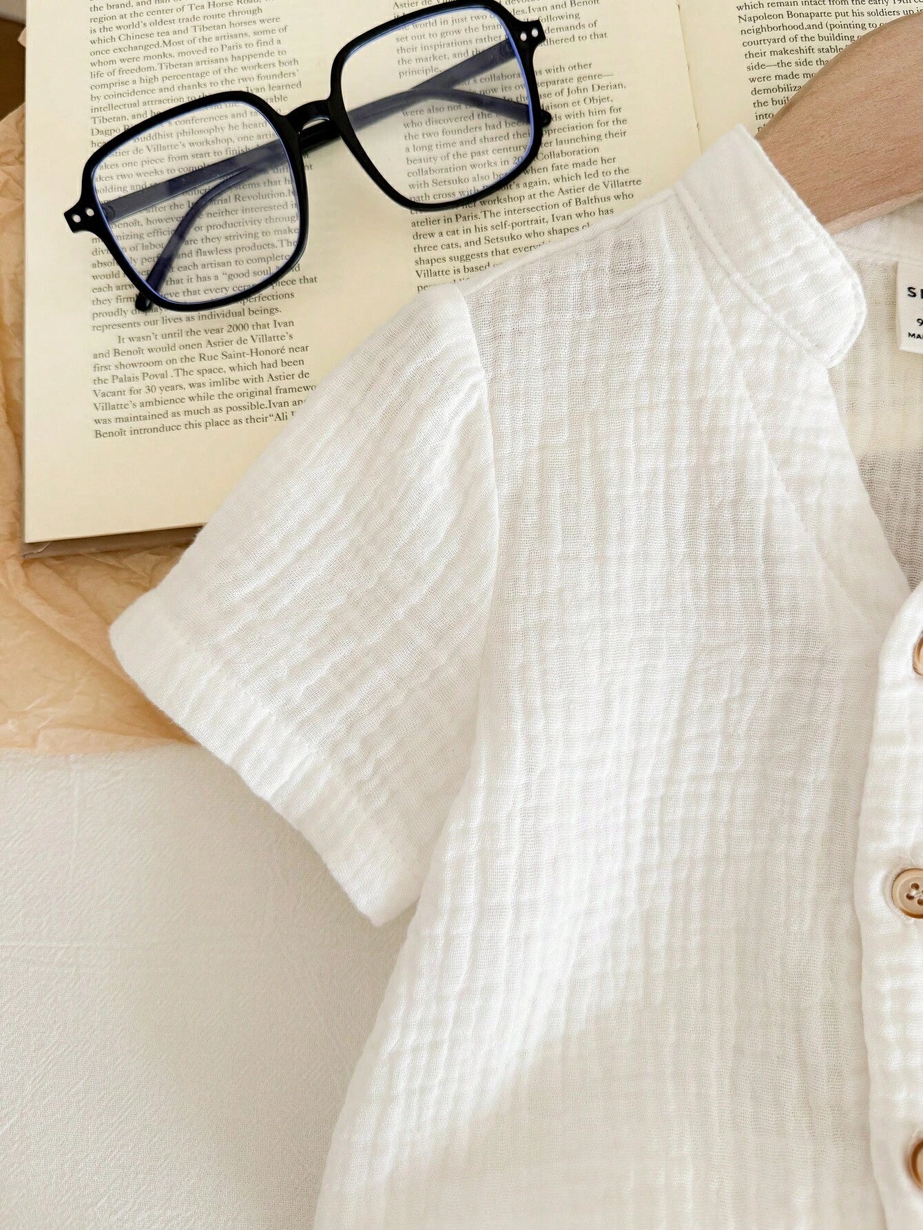 2pcs Boys Mandarin Collar Shirt & Striped Trousers Set - Ivory