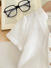 2pcs Boys Mandarin Collar Shirt & Striped Trousers Set - Ivory