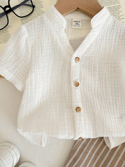 2pcs Boys Mandarin Collar Shirt & Striped Trousers Set - Ivory