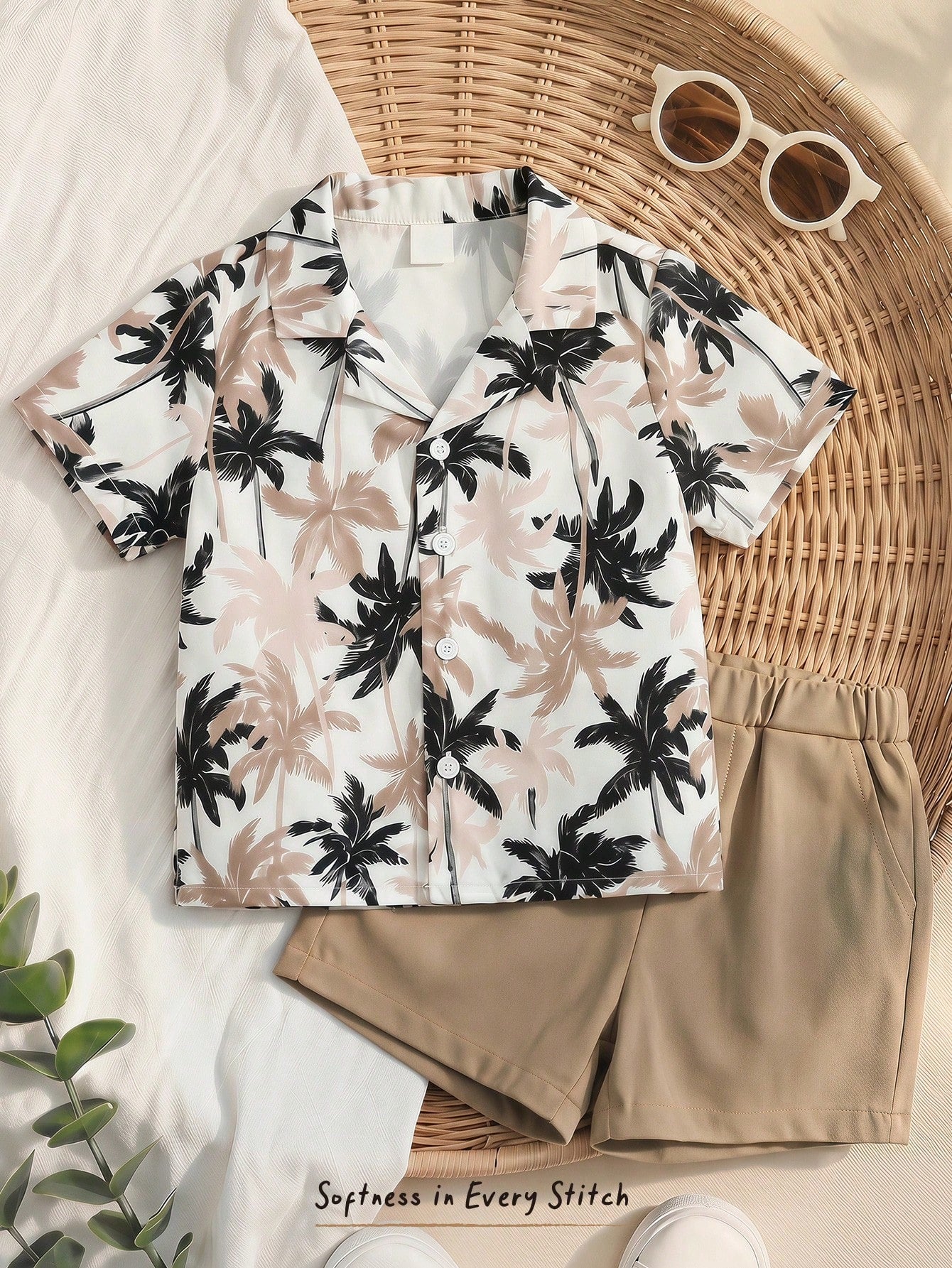 Boys Palm Print Resort Collar Shirt & Shorts - Isabelline