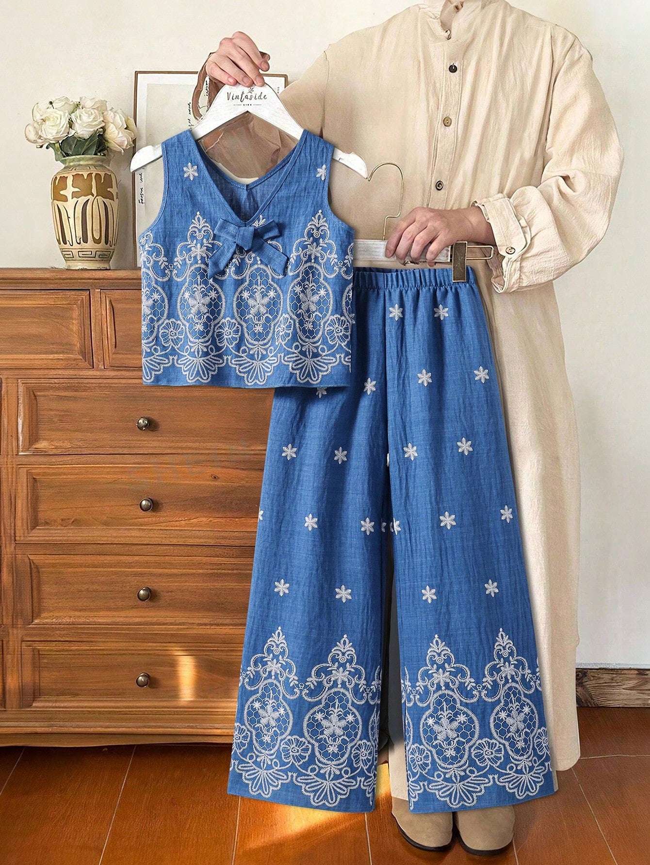 2pcs Big Girls Baroque Embroidered Tank Top & Wide-Leg Pants Set - ...