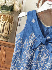 2pcs Big Girls Baroque Embroidered Tank Top & Wide-Leg Pants Set - ...