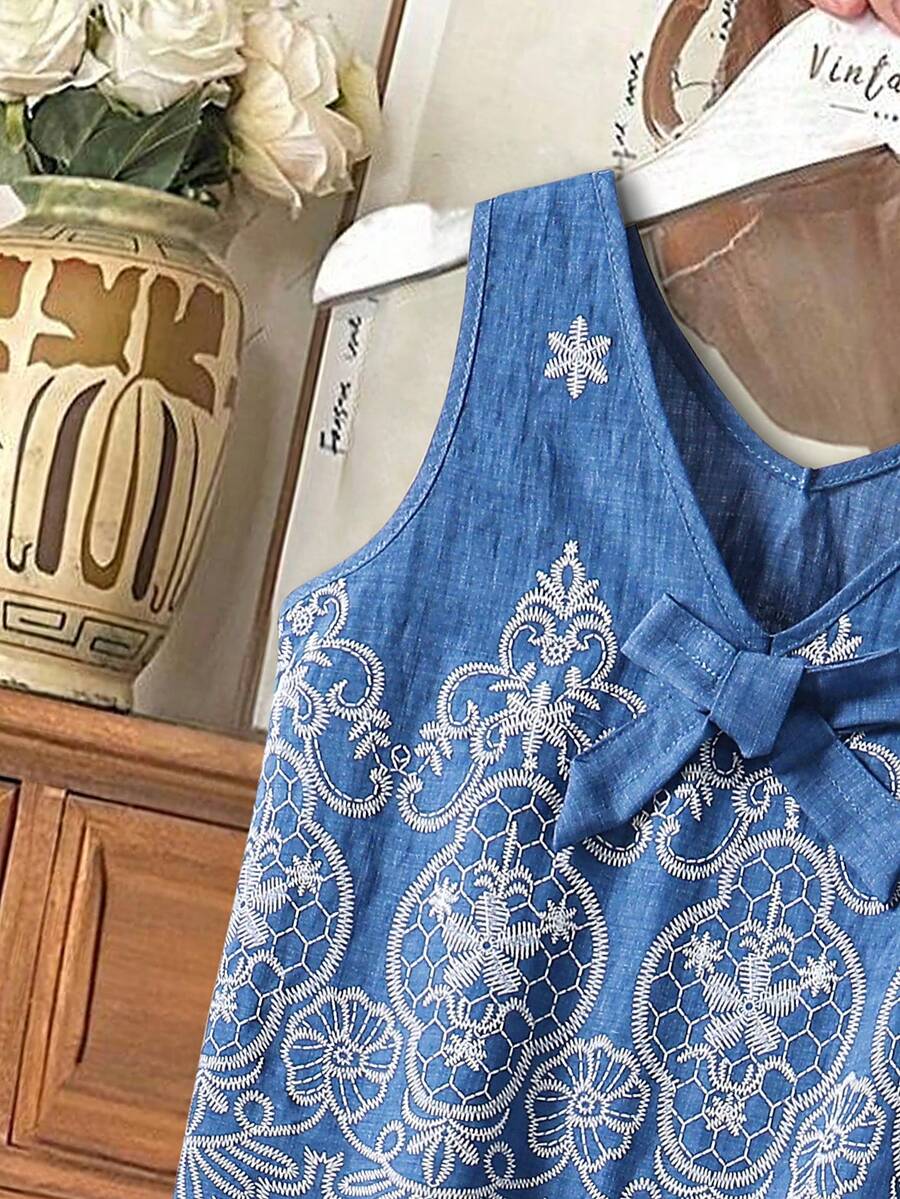 2pcs Big Girls Baroque Embroidered Tank Top & Wide-Leg Pants Set - ...