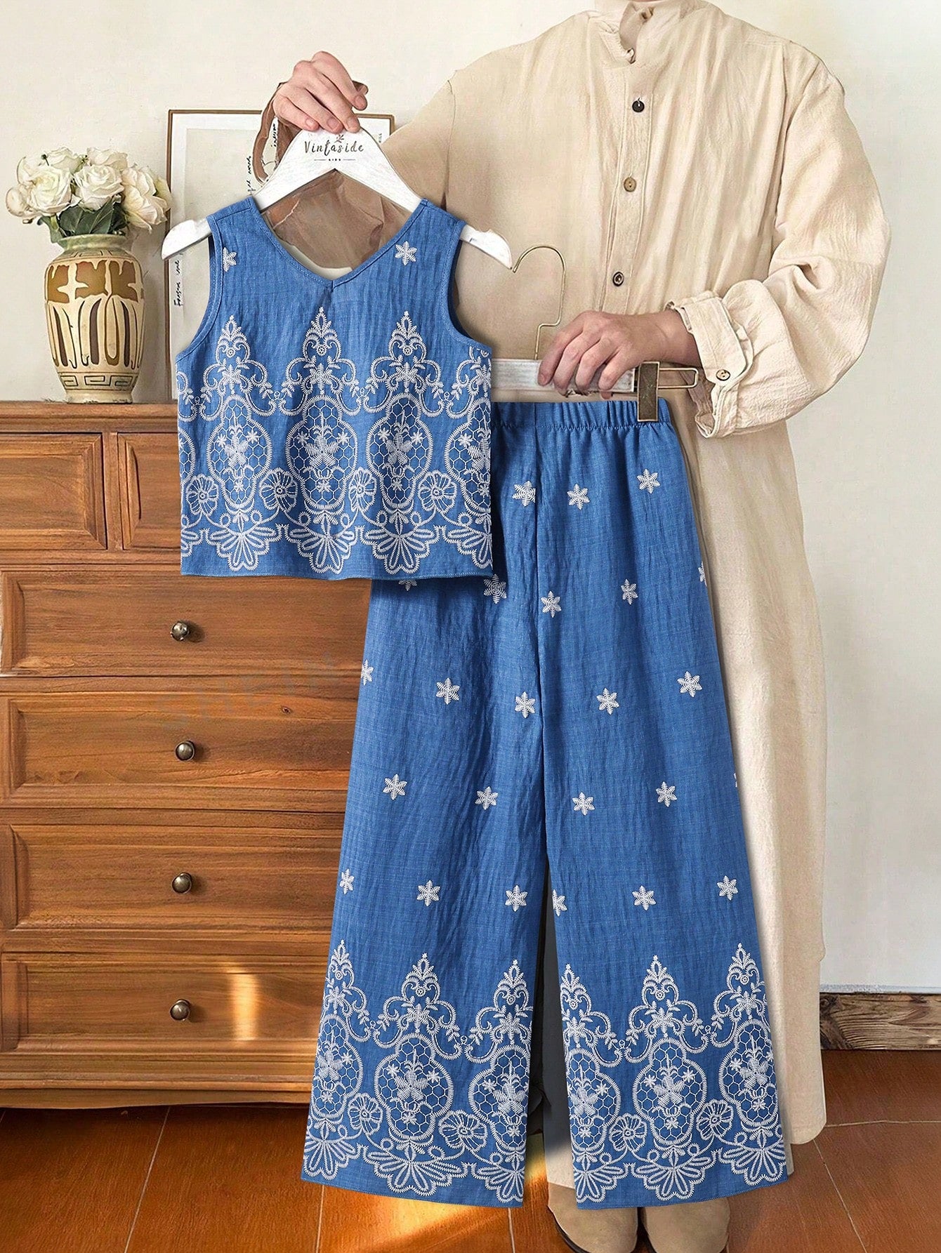 2pcs Big Girls Baroque Embroidered Tank Top & Wide-Leg Pants Set - ...