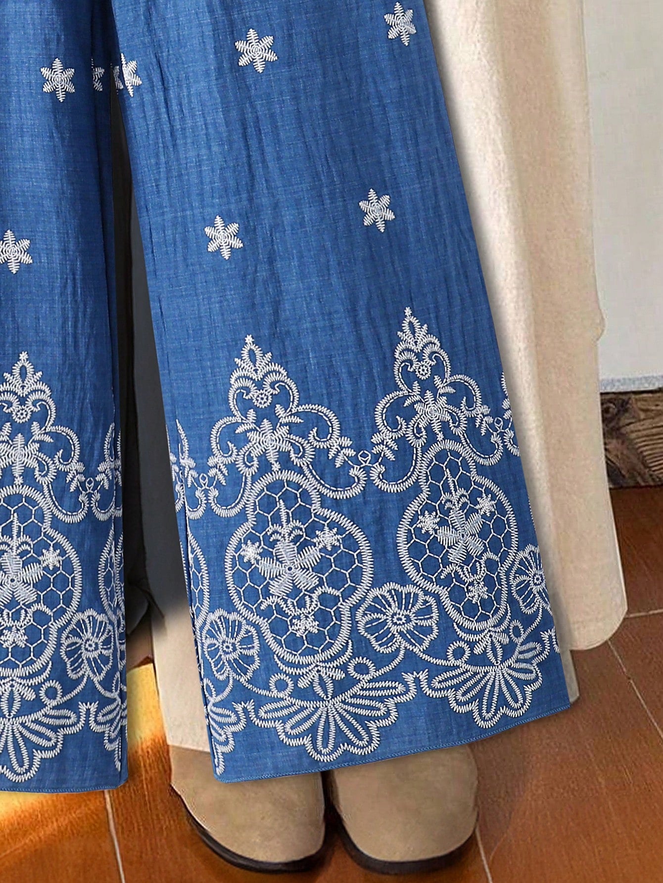 2pcs Big Girls Baroque Embroidered Tank Top & Wide-Leg Pants Set - ...