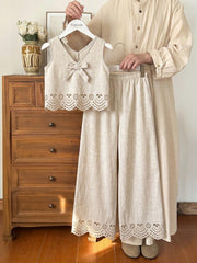 2pcs Big Girls Eyelet Linen Bow Tank Top & Wide-Leg Pants - Ecru | ...