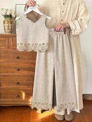 2pcs Big Girls Eyelet Linen Bow Tank Top & Wide-Leg Pants - Ecru | ...