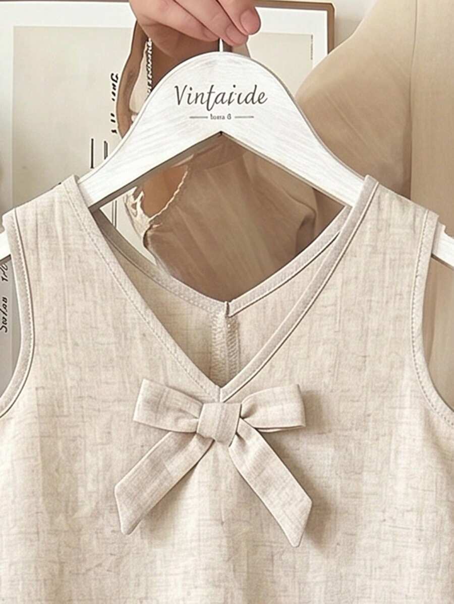2pcs Big Girls Eyelet Linen Bow Tank Top & Wide-Leg Pants - Ecru | ...