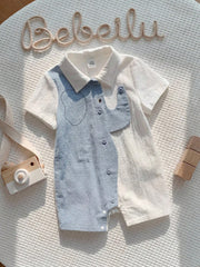 Baby Boys Elephant Print Collar Romper - Powder Blue