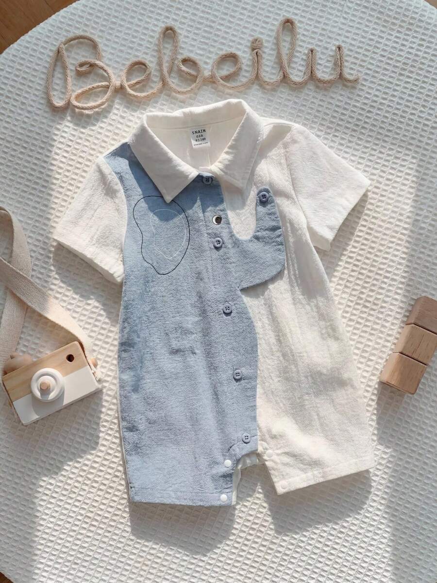 Baby Boys Elephant Print Collar Romper - Powder Blue