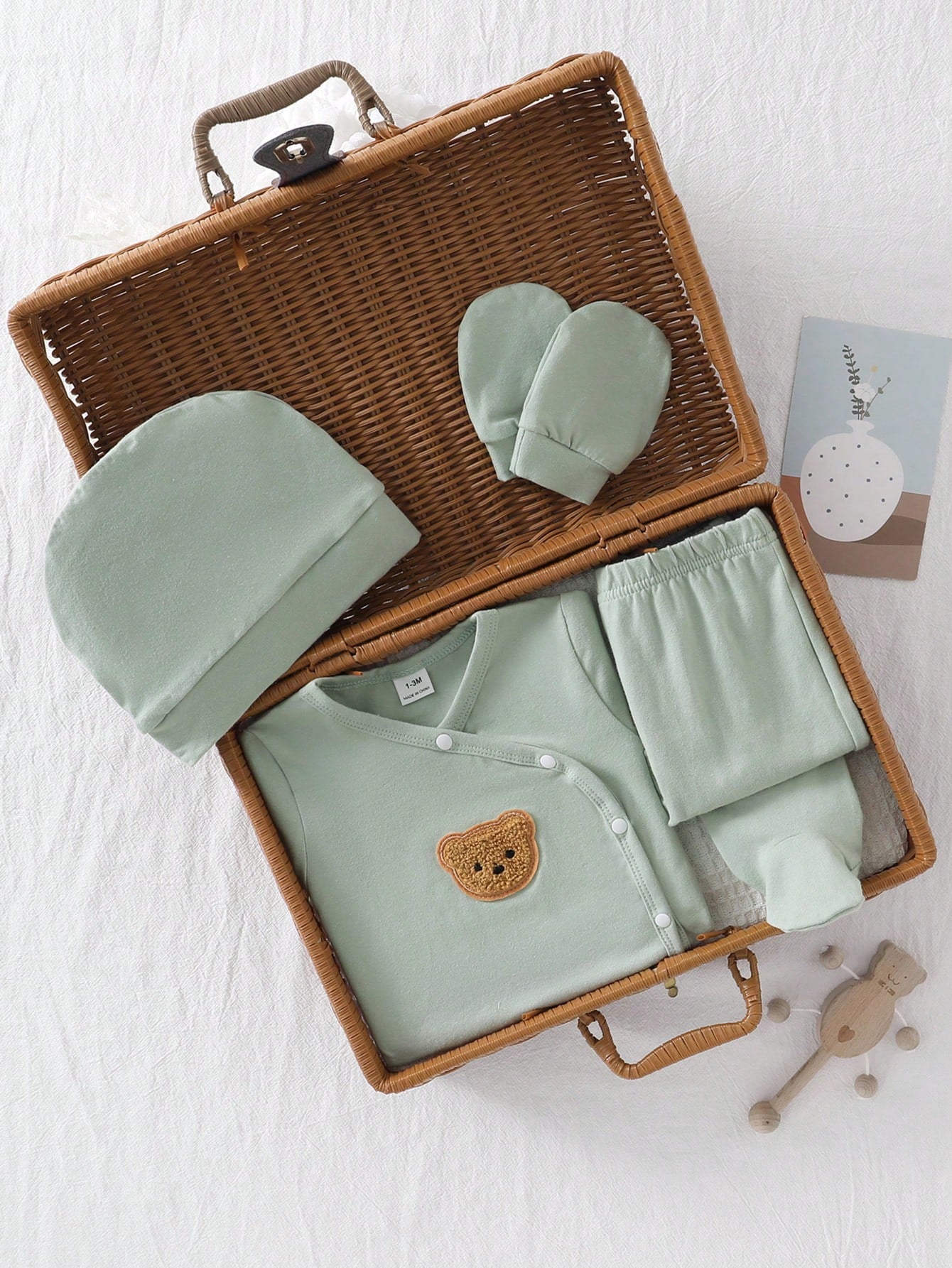 5pcs Baby Boys Bear Appliqué Wrap Top & Footed Pants Set - Sage | 2...