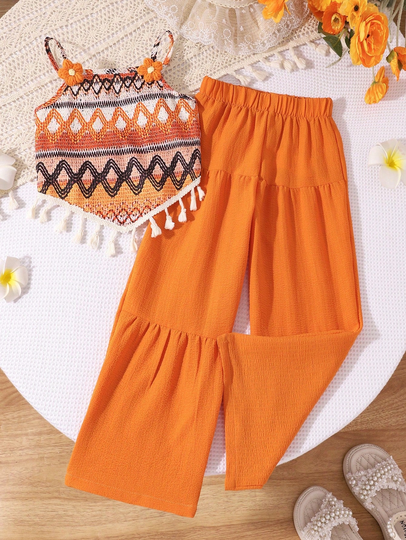 2pcs Little Girls Boho Tassel Crop Top & Wide-Leg Pants Set - Amber