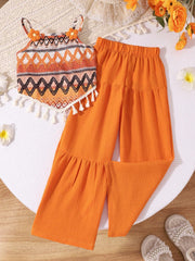 2pcs Little Girls Boho Tassel Crop Top & Wide-Leg Pants Set - Amber