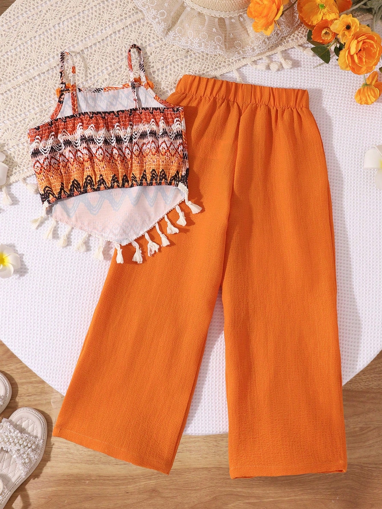 2pcs Little Girls Boho Tassel Crop Top & Wide-Leg Pants Set - Amber