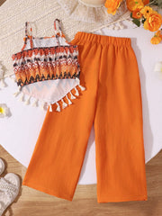 2pcs Little Girls Boho Tassel Crop Top & Wide-Leg Pants Set - Amber