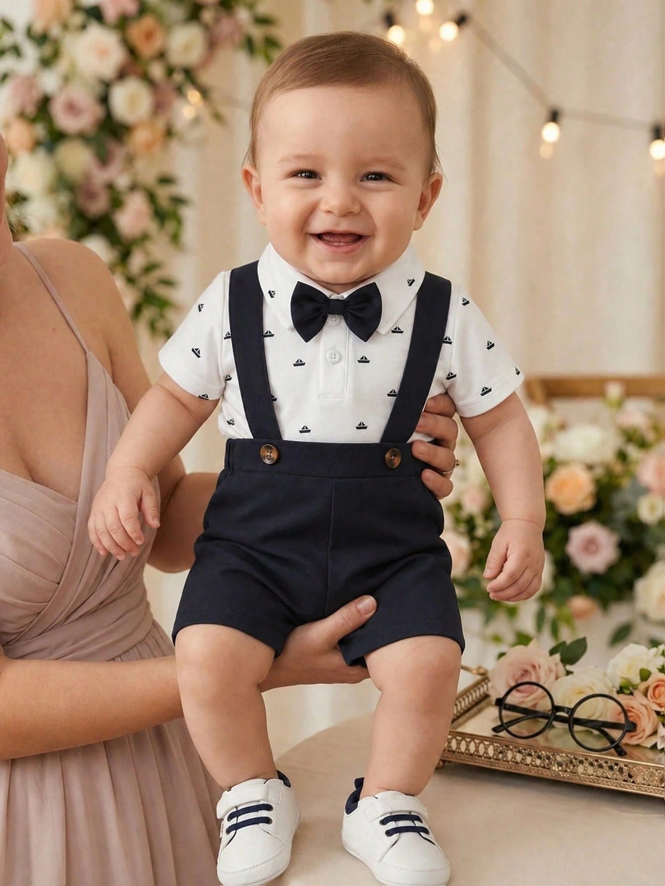 Baby Boys Sailboat Print Polo Bodysuit Suspender Set - Ivory