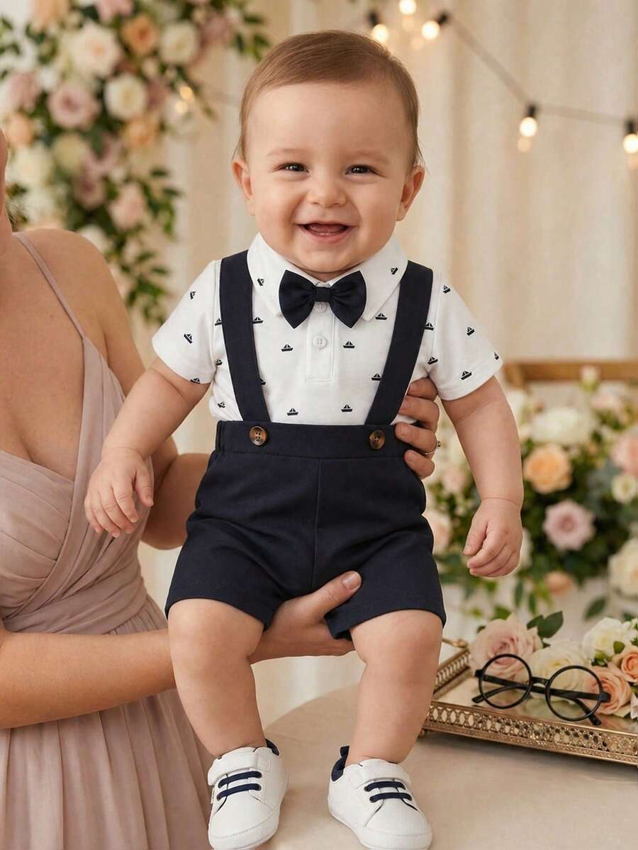 Baby Boys Sailboat Print Polo Bodysuit Suspender Set - Ivory
