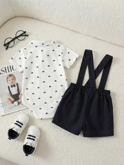 Baby Boys Sailboat Print Polo Bodysuit Suspender Set - Ivory