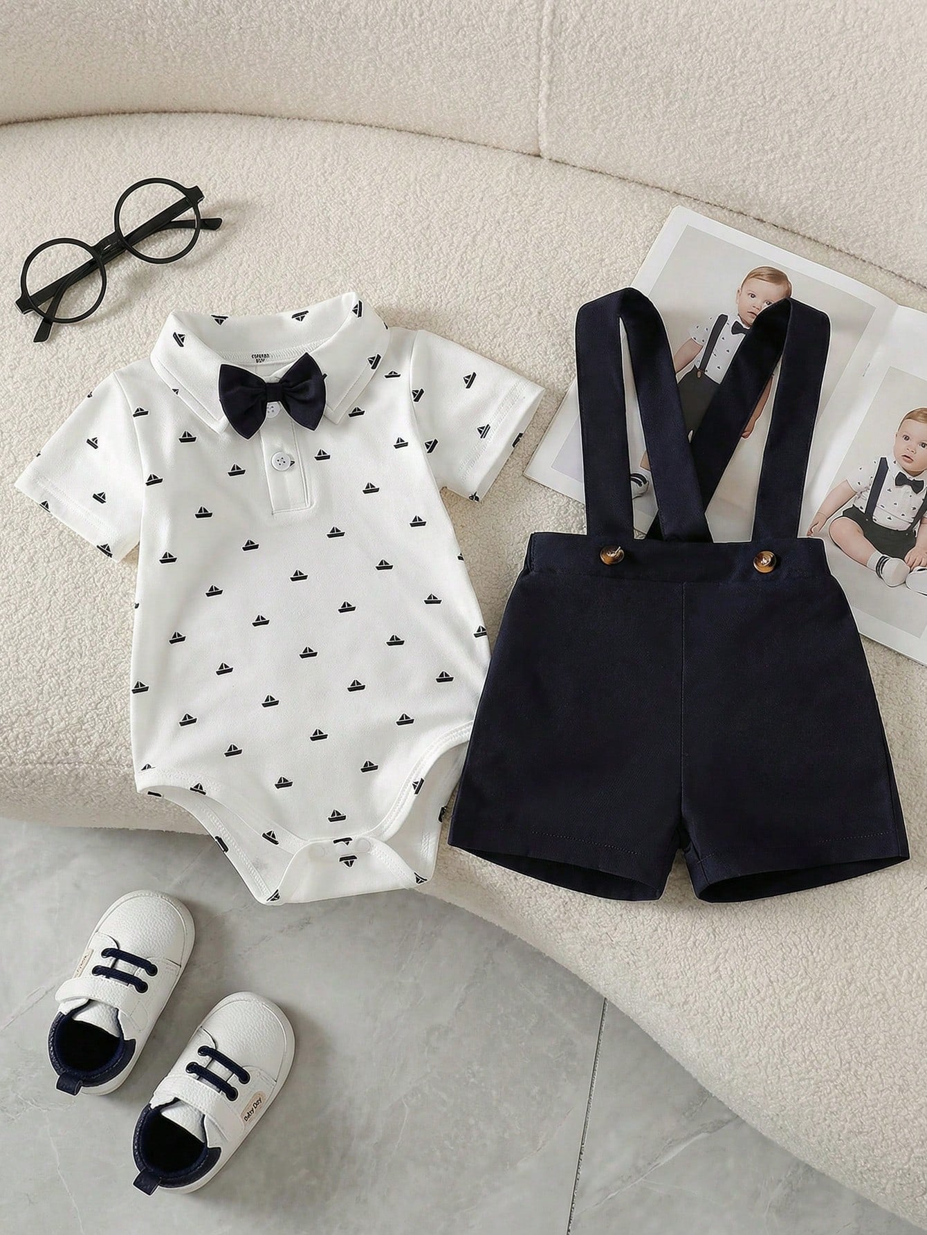 Baby Boys Sailboat Print Polo Bodysuit Suspender Set - Ivory