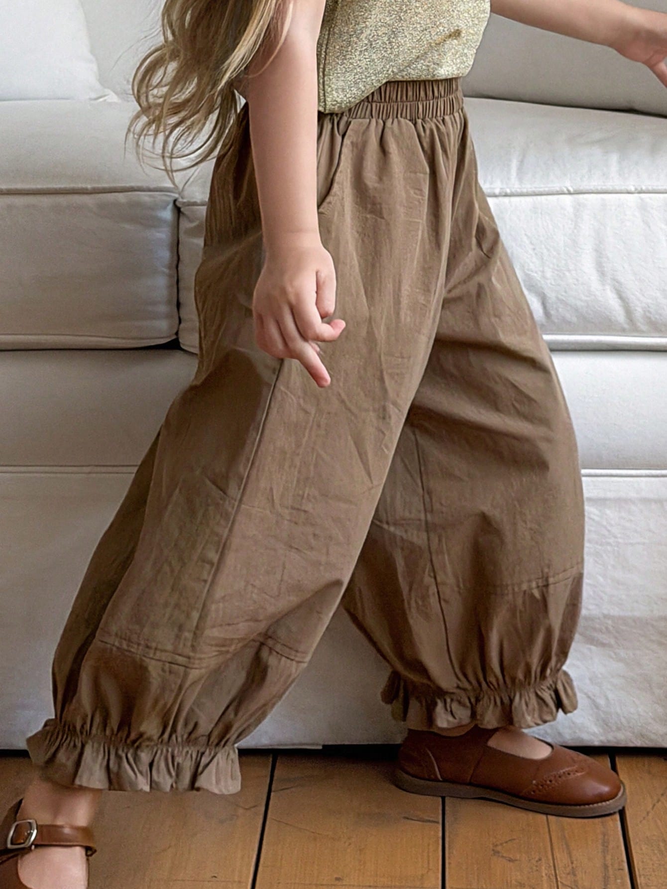 Little Girls Ruffle Hem Balloon Leg Pants - Wenge | 21 Century Kids