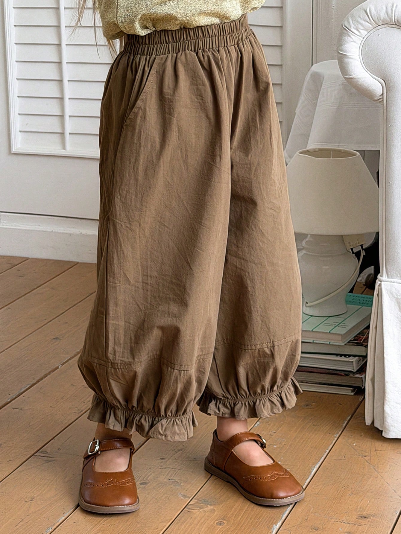 Little Girls Ruffle Hem Balloon Leg Pants - Wenge | 21 Century Kids