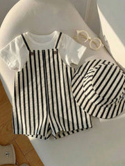 2pcs Unisex Striped Bib Shortall & Bucket Hat Set - Ecru | 21 Centu...