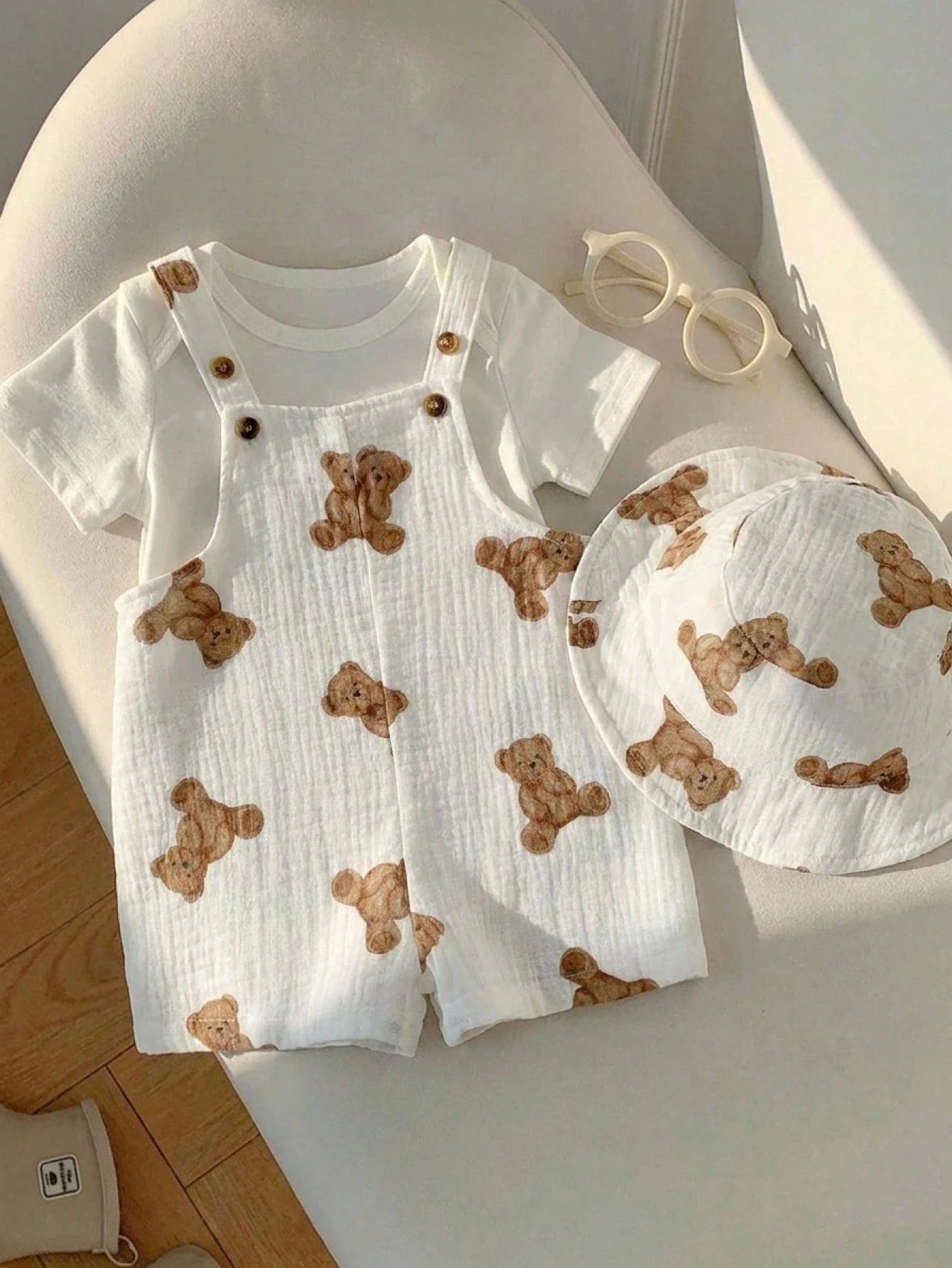 Boys Teddy Bear Print Bib Overalls & Bucket Hat Set - Ivory