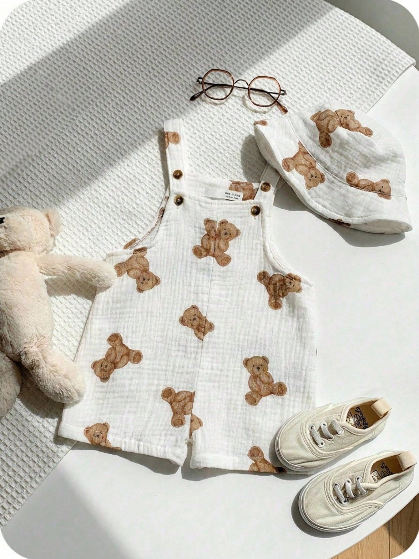 Boys Teddy Bear Print Bib Overalls & Bucket Hat Set - Ivory